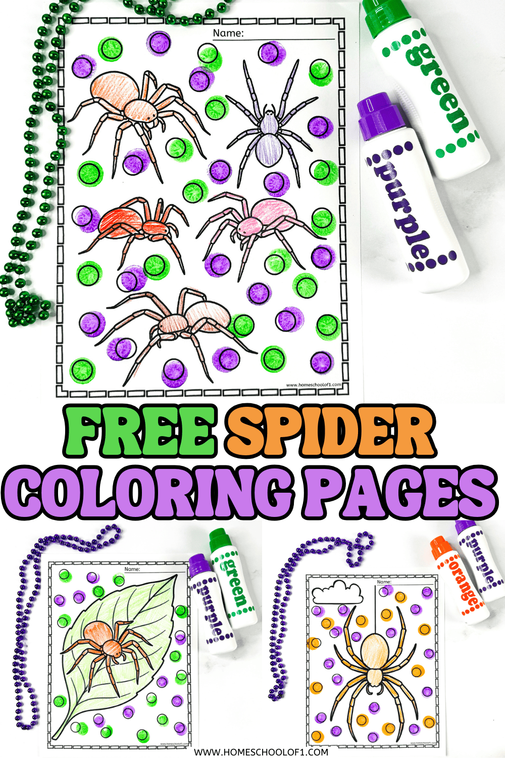 A spider coloring page with multiple spiders and colorful green and purple dot markers.