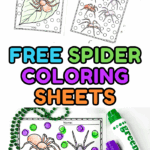 A spider coloring page with multiple spiders and colorful green and purple dot markers.