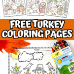 5 turkey coloring pages for Thanksgiving – fall-themed printable activity pack for kids.