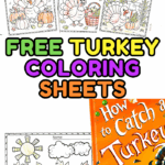Set of 5 free turkey coloring sheets for kids with pumpkins, leaves, and fun Thanksgiving themes.