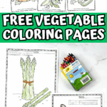Vegetable coloring pages including asparagus and bell peppers with crayons and green beads.