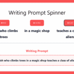 Screenshot of a colorful free writing prompt generator for kids with three spinners labeled "Who," "Where," and "What" showing silly writing ideas like "A clumsy ghost on a farm gets caught in a snowstorm."