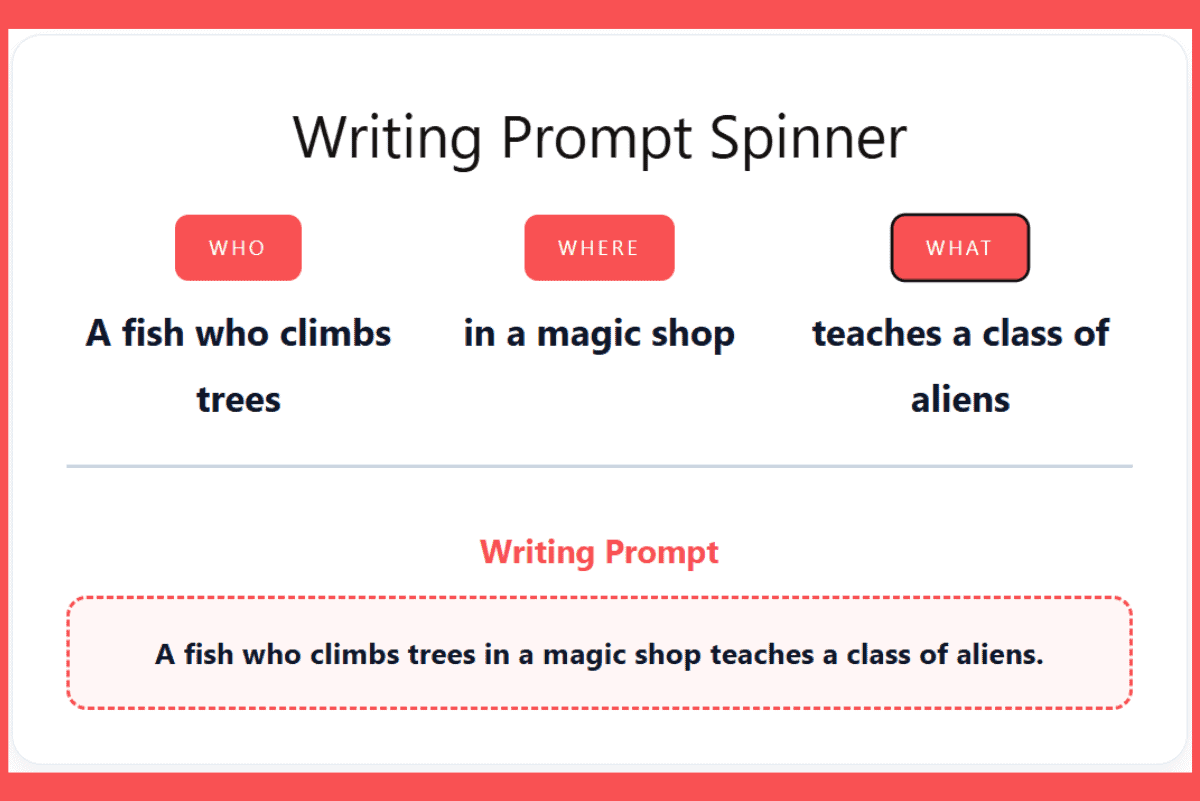 Screenshot of a colorful free writing prompt generator for kids with three spinners labeled "Who," "Where," and "What" showing silly writing ideas like "A clumsy ghost on a farm gets caught in a snowstorm."