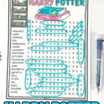 Completed Harry Potter word search with colorful book illustrations and words like Hogwarts, Dumbledore, and Quidditch circled in blue ink.