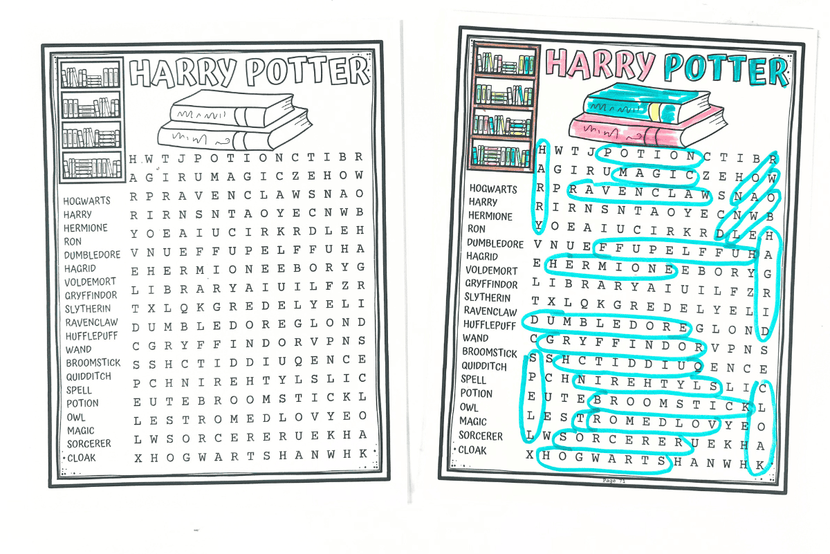 Side-by-side image of blank and completed Harry Potter word search printable featuring themed vocabulary words and colorful heading artwork.