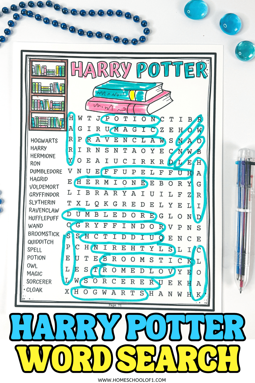 Completed Harry Potter word search with colorful book illustrations and words like Hogwarts, Dumbledore, and Quidditch circled in blue ink.