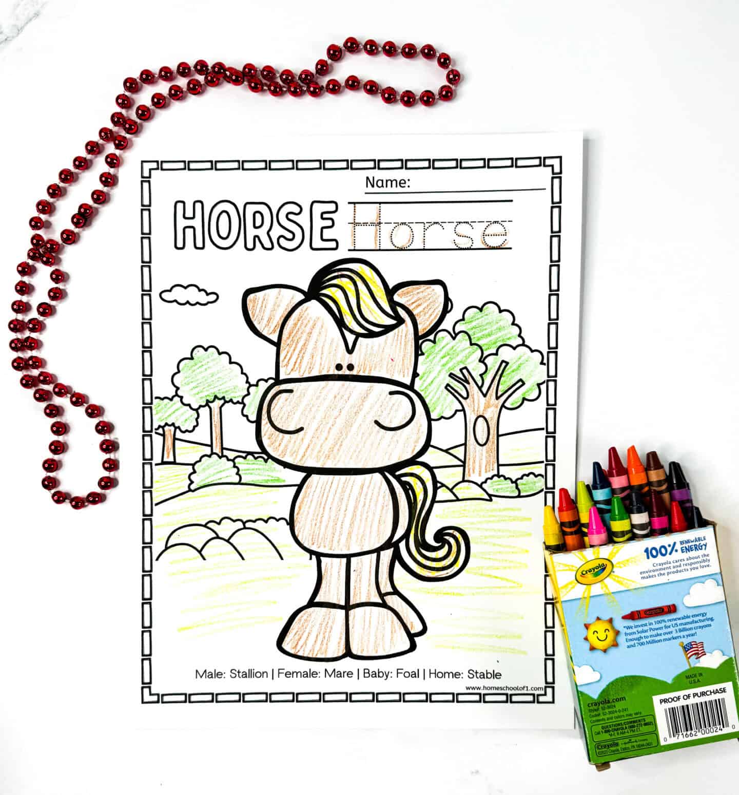 Free horse coloring page for preschoolers featuring bubble word “HORSE” in black and gold, traceable name, cartoon horse outline, and facts about stallions, mares, foals, and stables.