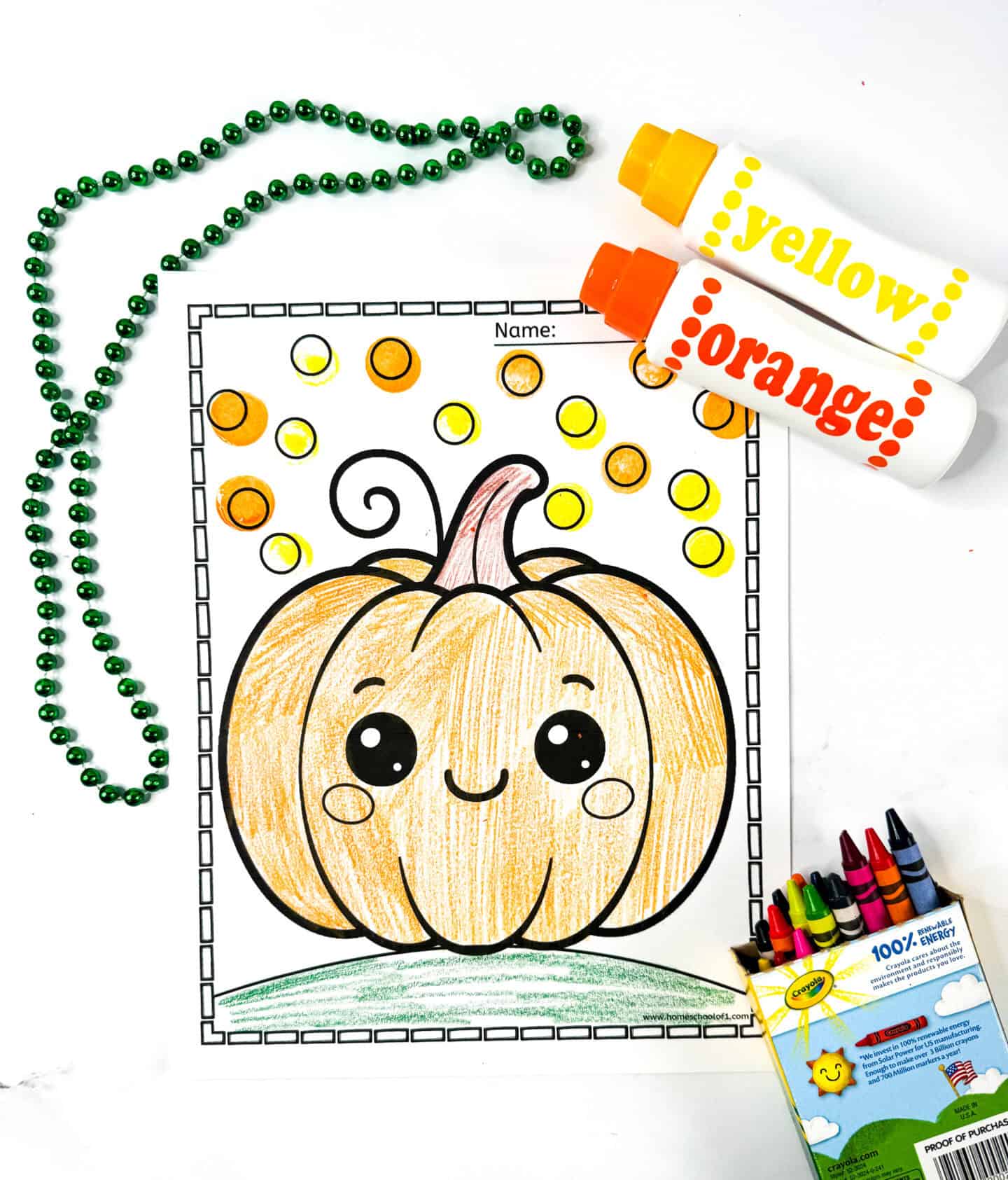 Kawaii-style pumpkin coloring page with a smiling pumpkin, dotted background filled with yellow and orange dot markers.