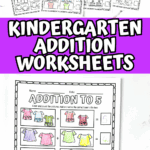 Set of printable kindergarten addition worksheets featuring various themed images to practice counting and sums.