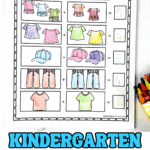 Colorful kindergarten addition worksheet with shirts, hats, and jeans used for simple addition problems up to 5.