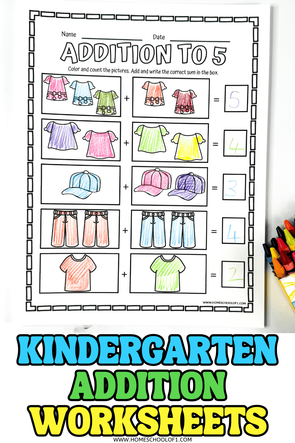 Colorful kindergarten addition worksheet with shirts, hats, and jeans used for simple addition problems up to 5.