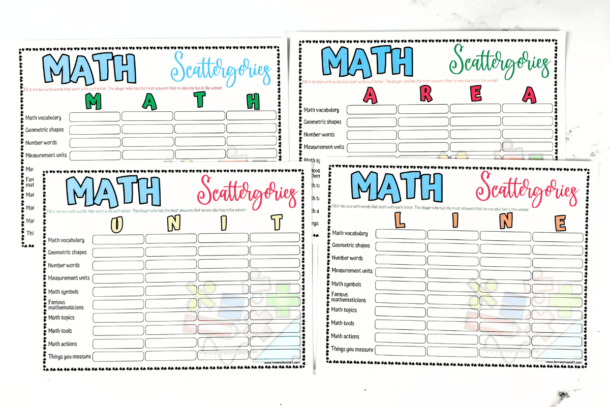 Free PDF download of four printable Math Scattergories boards with math-related categories.