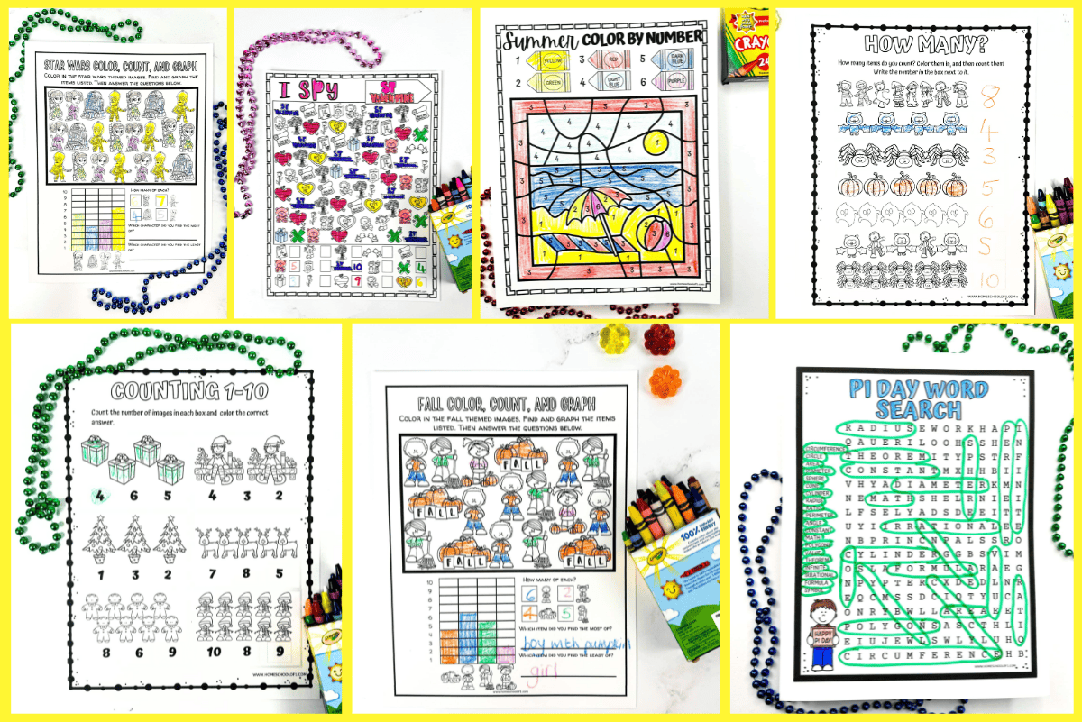 Collage of free math worksheets for kids including I Spy Valentine’s Day printable, summer color by number beach scene, Pi Day word search, fall graphing worksheet, Star Wars graphing activity, and Christmas counting worksheets — fun seasonal math printables.