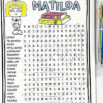 Free printable Matilda word search with Roald Dahl themed vocabulary for children.