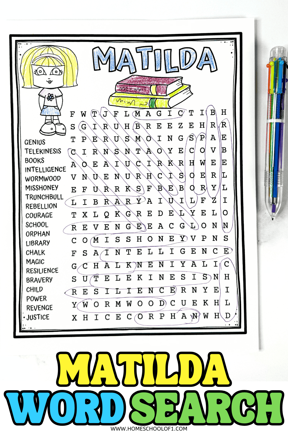 Printable Matilda word search puzzle featuring 20 themed vocabulary words from the Roald Dahl book.