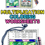 A collection of five multiplication color by number worksheets showing completed designs including a pumpkin, Earth, bird, pirate ship, and ambulance.