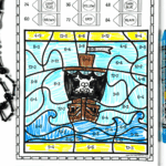 Completed multiplication color by number worksheet featuring a pirate ship image revealed through solved math problems and coloring.
