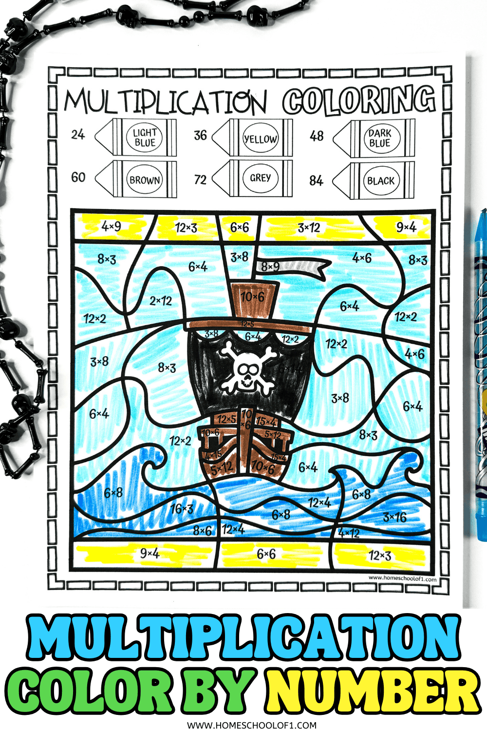Completed multiplication color by number worksheet featuring a pirate ship image revealed through solved math problems and coloring.