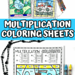 Multiplication color by number worksheet with a colorful bird image revealed by solving math problems.