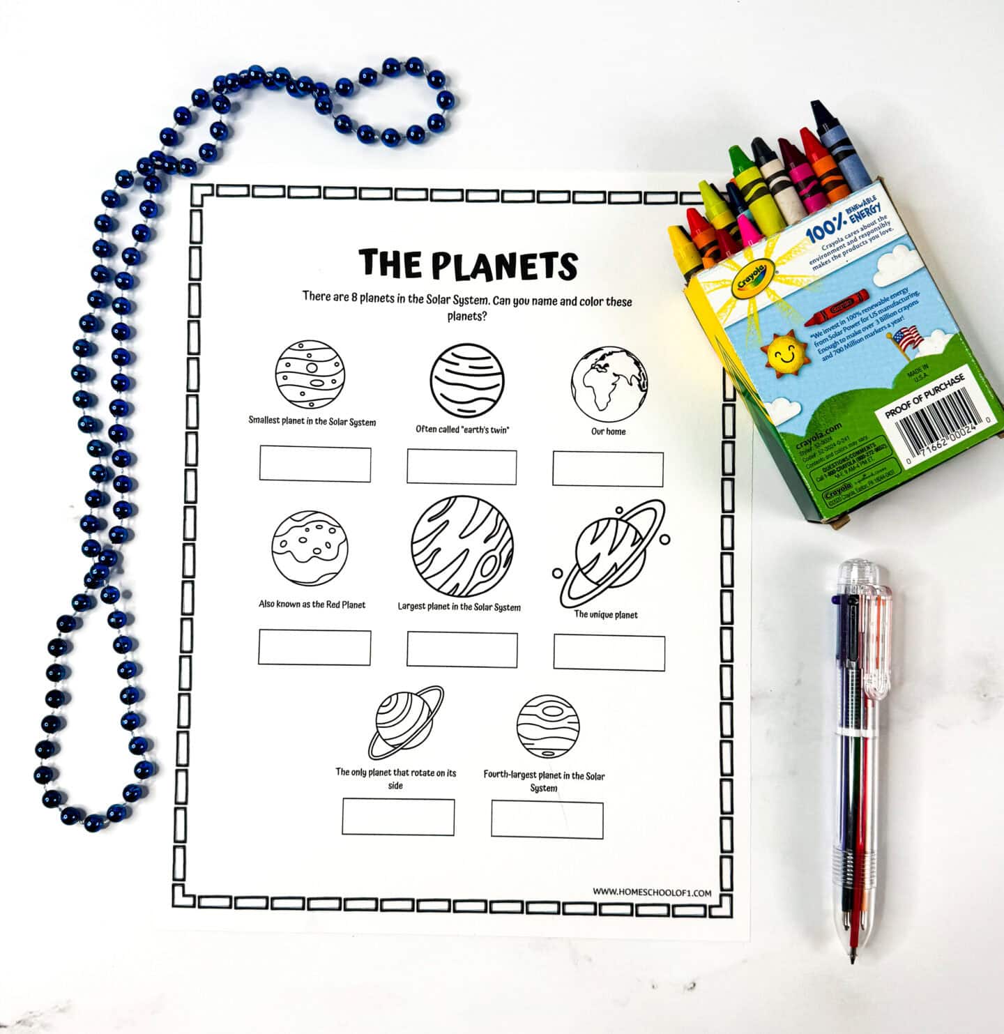 Printable naming planets worksheet with eight outlined planets and clues, plus crayons and a pen for kids to use.