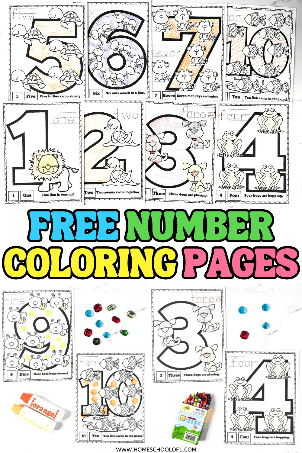 Free number coloring pages 1–10 with animals to count and traceable numbers for preschool and kindergarten.