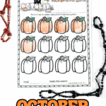 Completed October reading log printable with colored pumpkins, surrounded by orange and black Halloween bead necklaces.