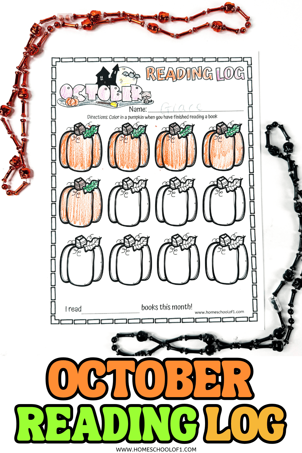 Completed October reading log printable with colored pumpkins, surrounded by orange and black Halloween bead necklaces.
