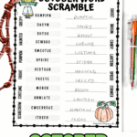 Completed October word scramble printable with fall-themed vocabulary and handwriting answers.