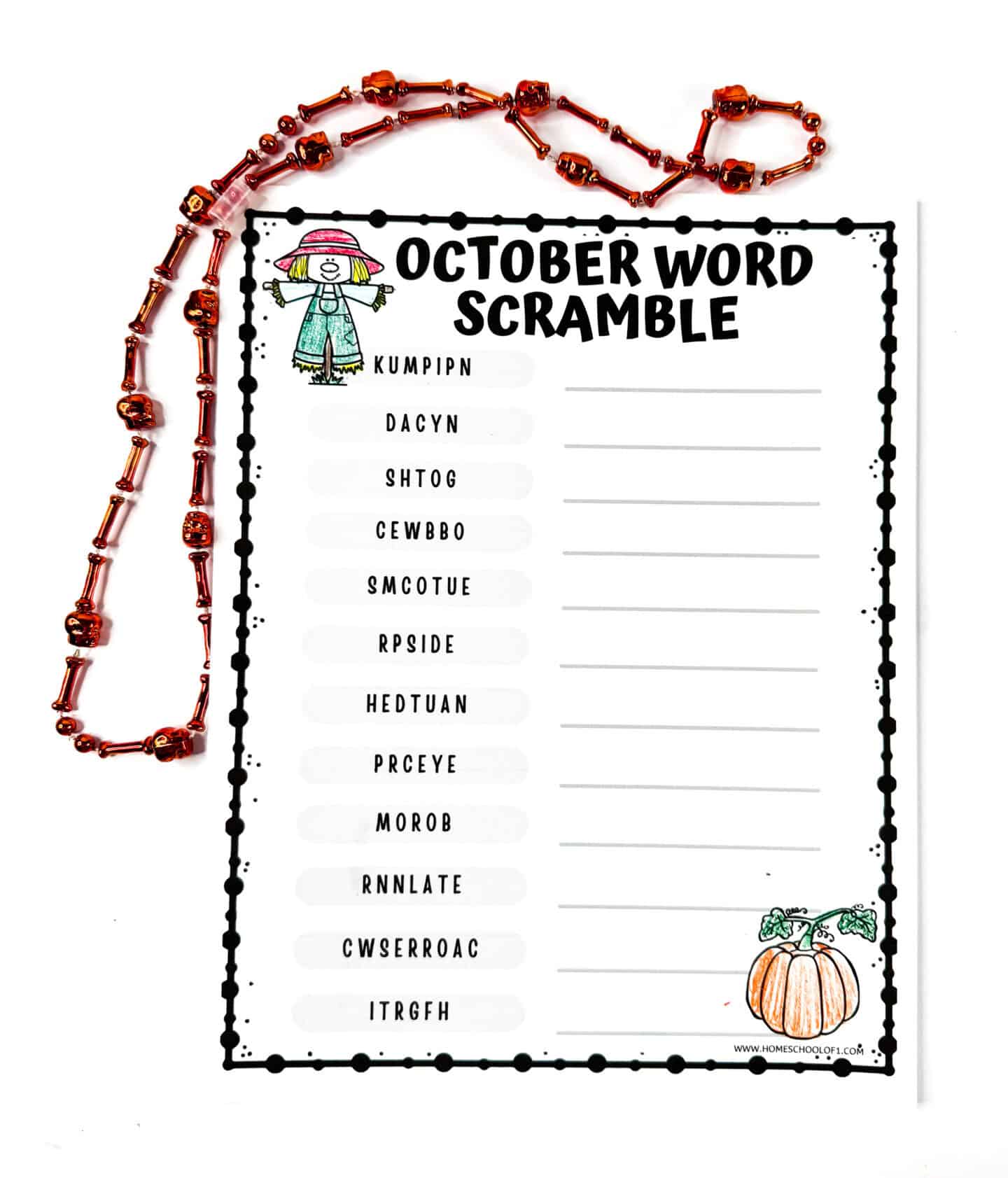 Blank October word scramble printable featuring jumbled autumn and Halloween-themed words, with a pumpkin and scarecrow illustration.


