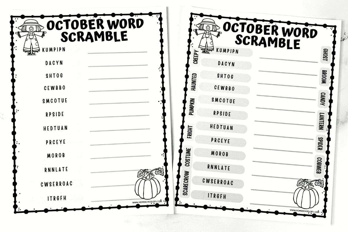 Two variations of the October word scramble PDF—one blank, one with answers.