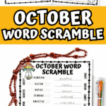 October word scramble PDF shown with orange Halloween beads and colorful pen set.