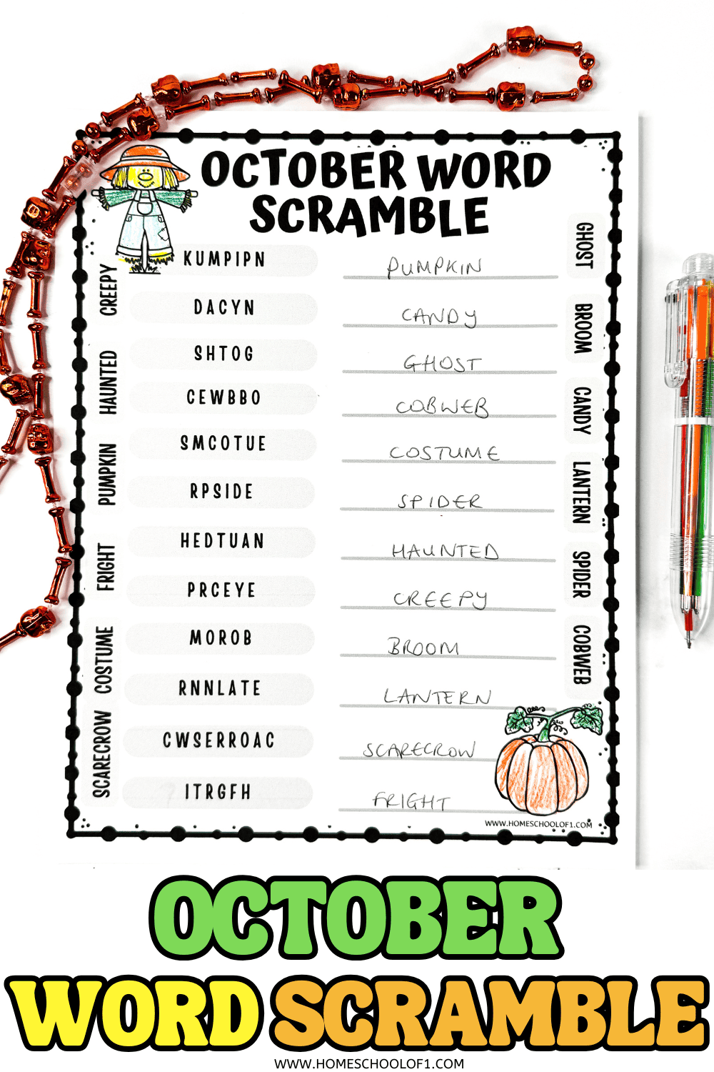 Completed October word scramble printable with fall-themed vocabulary and handwriting answers.