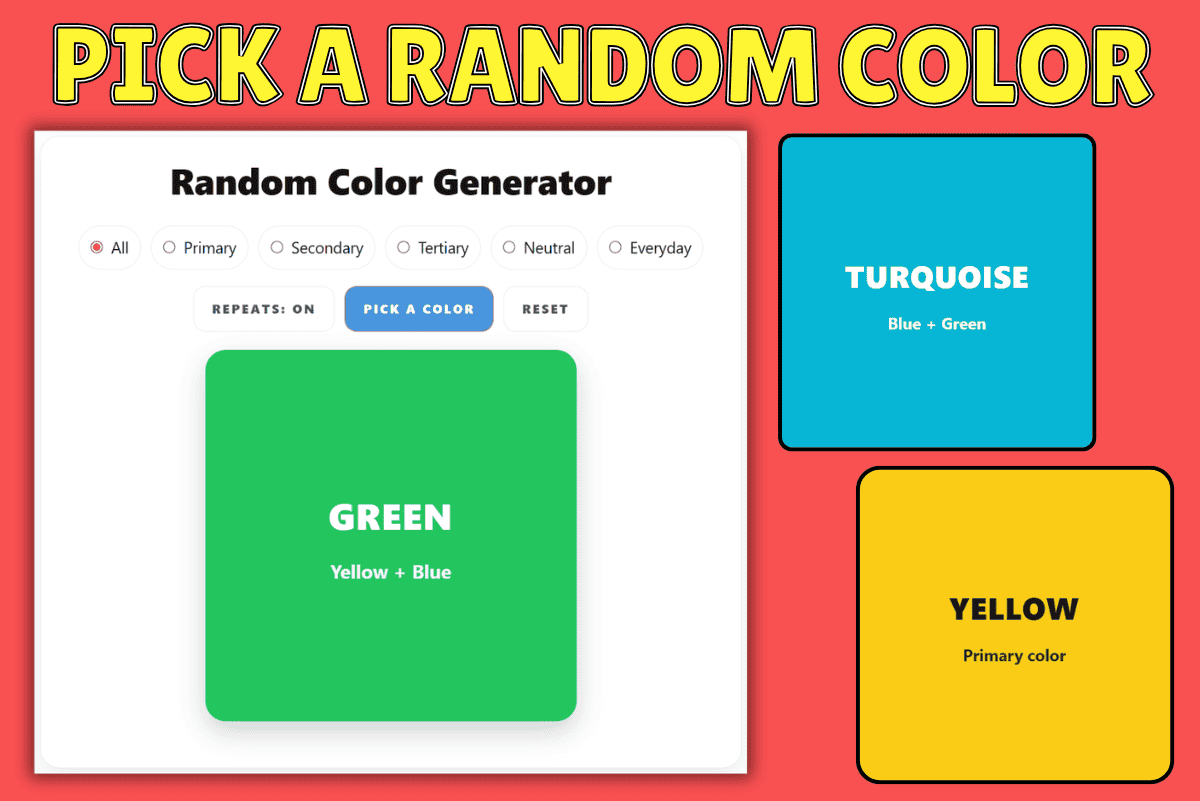 random color generator showing green, turquoise and yellow color results with pick a random color tool interface