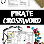 Pirate crossword puzzle shown colored and uncolored with pirate necklace, gems, and pencil.