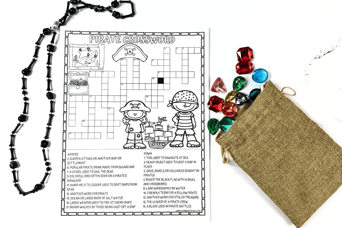 Printable pirate crossword puzzle worksheet shown in black-and-white and colored versions with plastic gems and pirate beads.