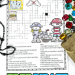 Pirate crossword puzzle worksheet in black-and-white surrounded by plastic gems and pirate beads.