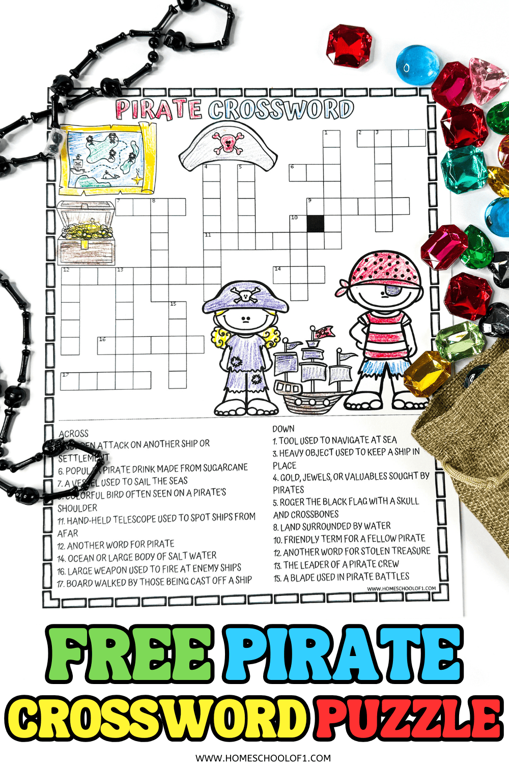 Pirate crossword puzzle worksheet in black-and-white surrounded by plastic gems and pirate beads.