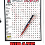 A completed pirate word search puzzle with words circled in red, a multicolor pen resting on top, and a cartoon pirate and treasure chest illustration on the page. The title “Pirate Word Search” is colored in green, purple, and red, with the words listed along the left side.