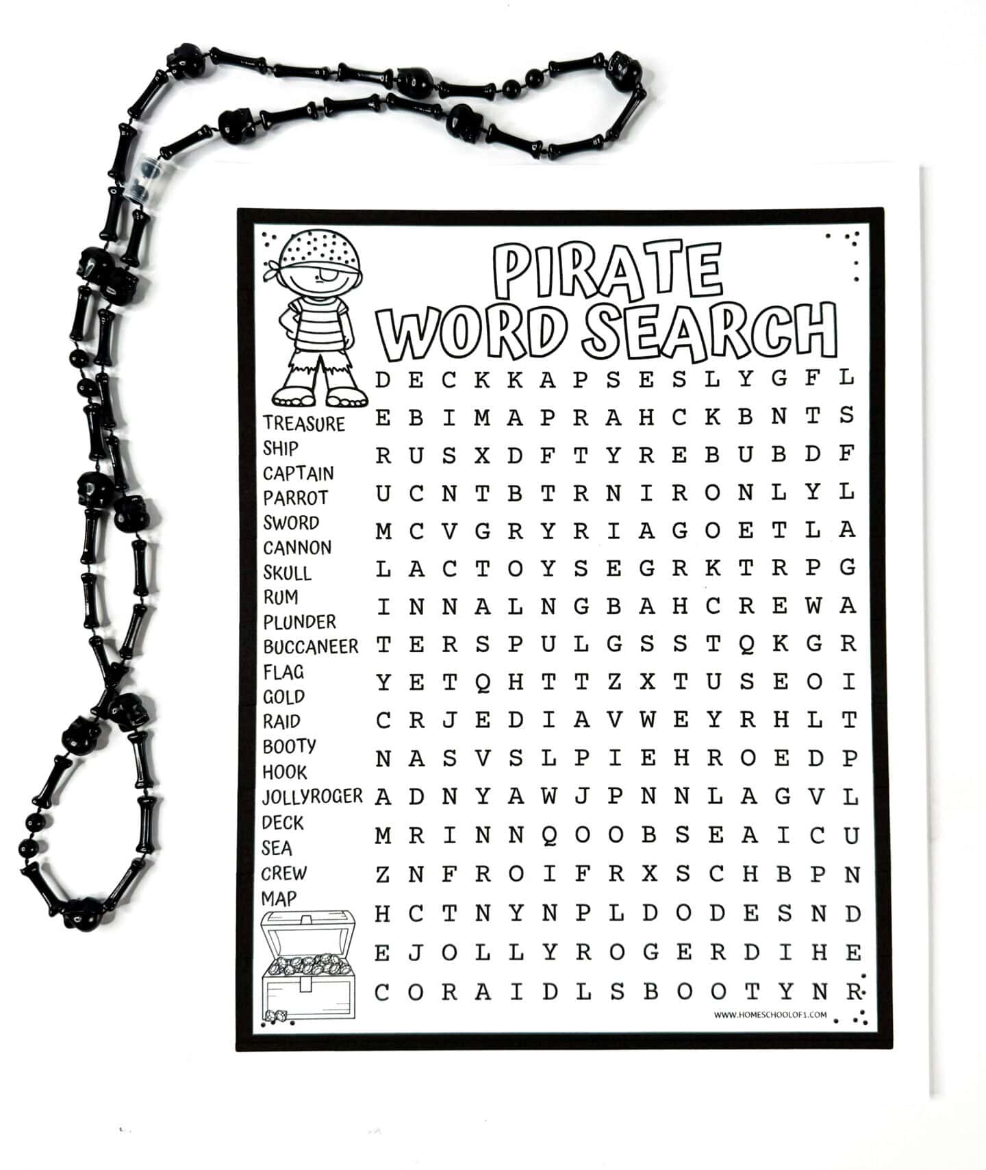 Uncompleted pirate word search puzzle with cartoon pirate, treasure chest, and black beaded necklace on a white background.