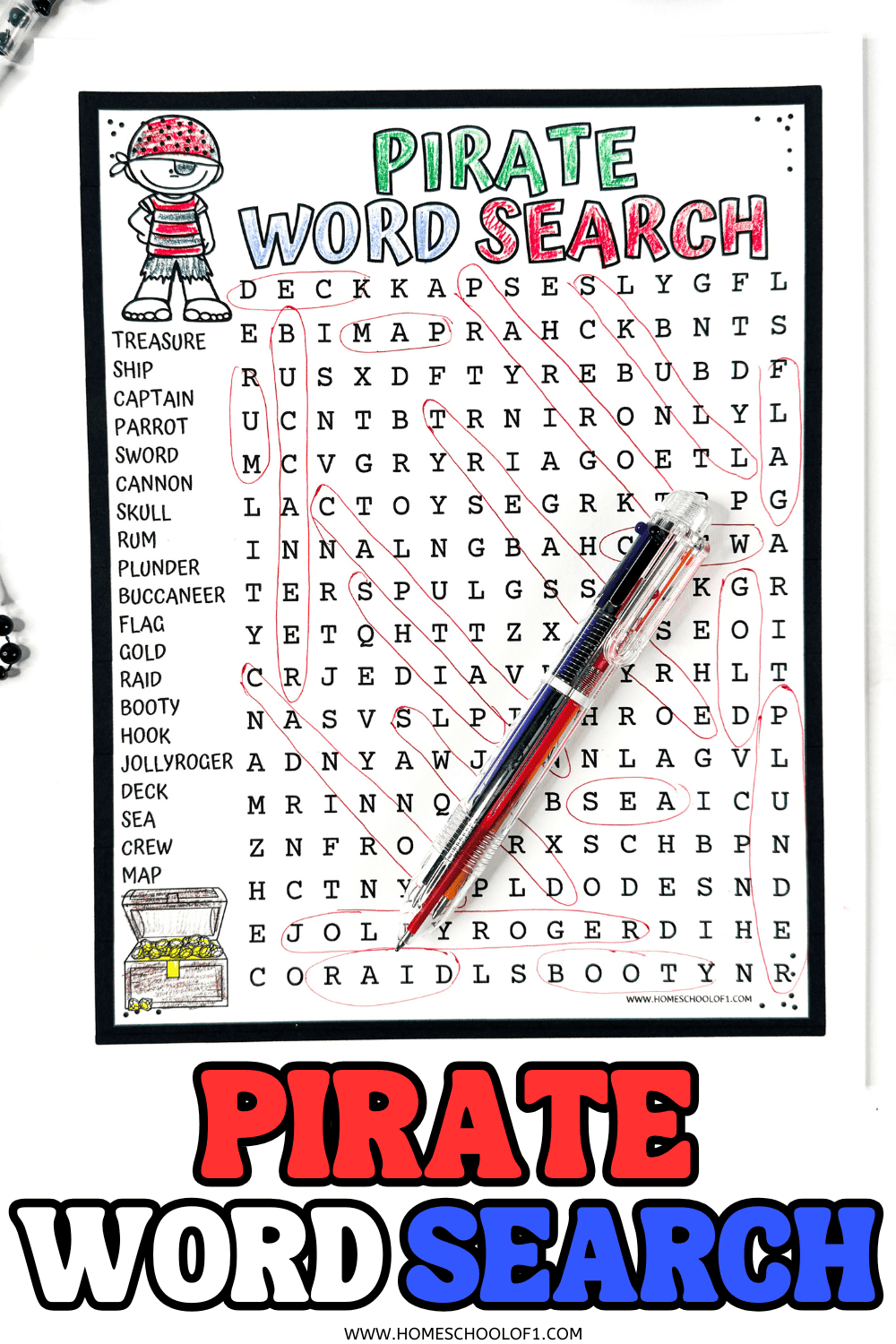 A completed pirate word search puzzle with words circled in red, a multicolor pen resting on top, and a cartoon pirate and treasure chest illustration on the page. The title “Pirate Word Search” is colored in green, purple, and red, with the words listed along the left side.

