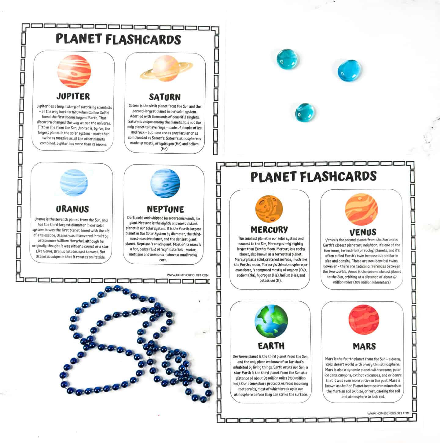 Printable planet flashcards featuring Mercury, Venus, Earth, Mars, Jupiter, Saturn, Uranus, and Neptune with short facts.