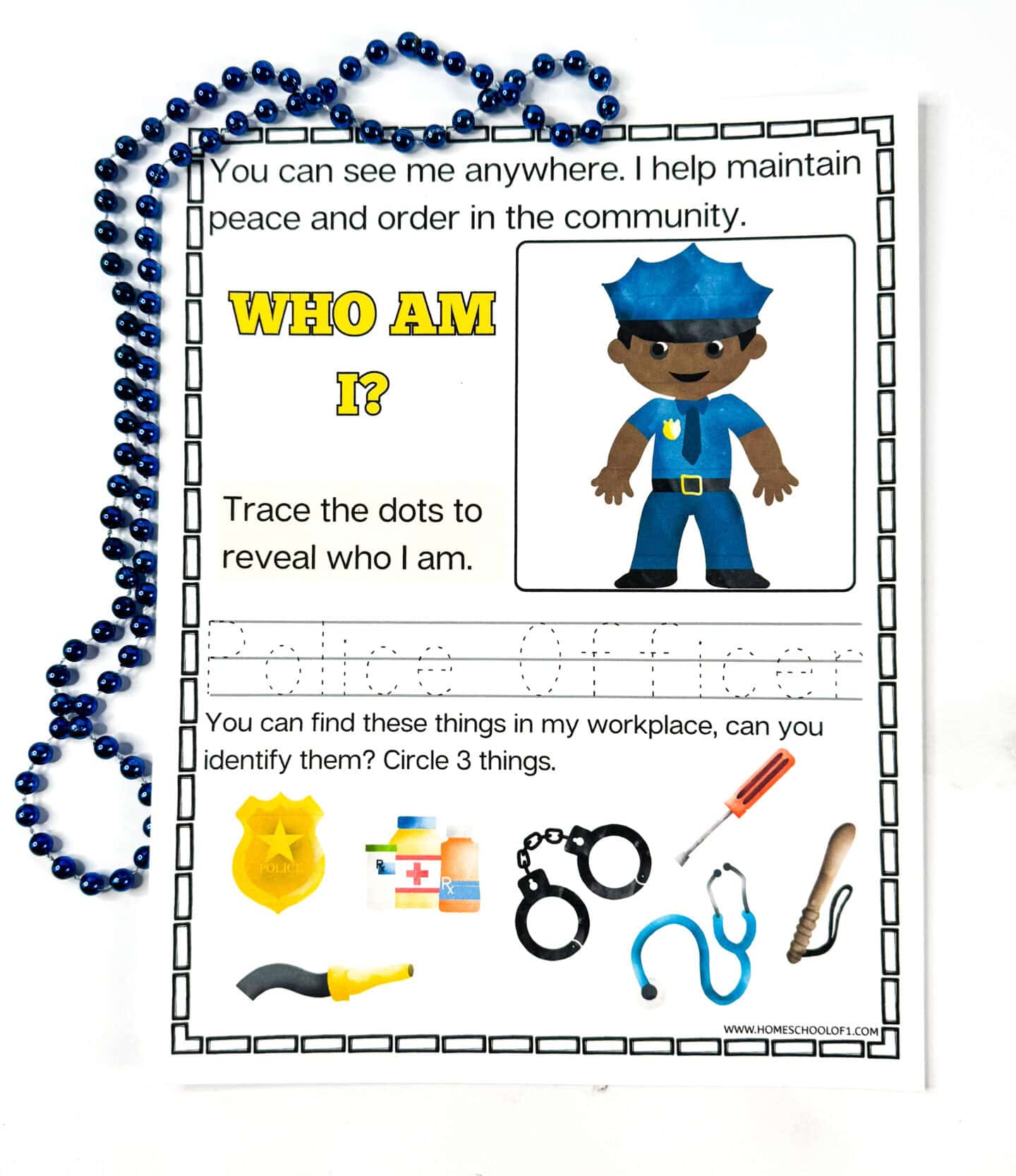 Police officer worksheet for preschoolers including a tracing activity, job riddle, and tool-matching with items like badge, whistle, and handcuffs.