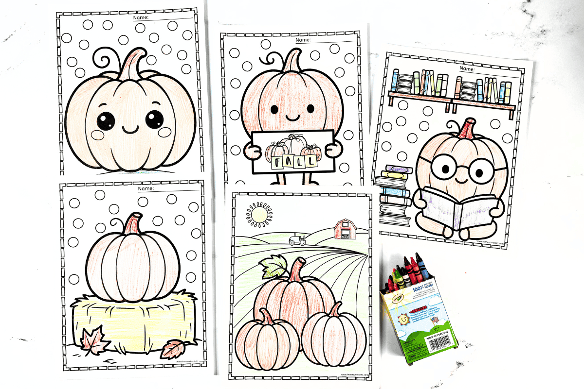 Free pumpkin coloring pages with bold outlines and dot backgrounds for early learners.