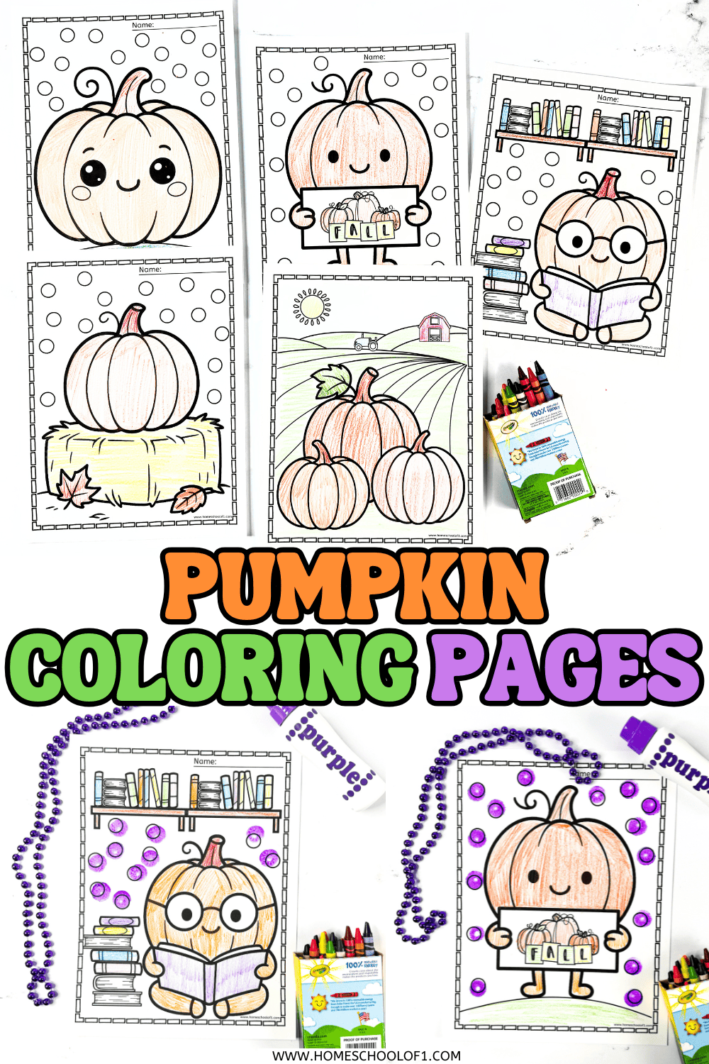 Colored pumpkin coloring pages featuring kawaii faces, books, hay bales, and a fall scene.