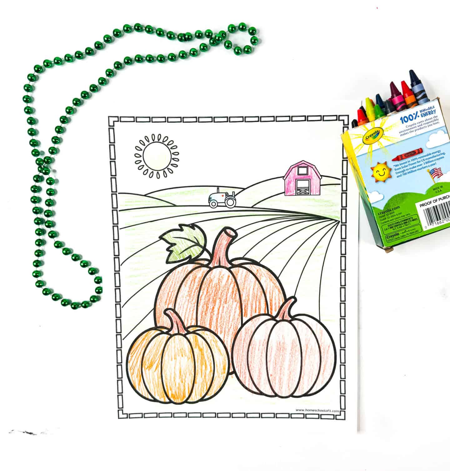 Pumpkin patch coloring page with three pumpkins in a farm field scene, including a barn, tractor, and sun.