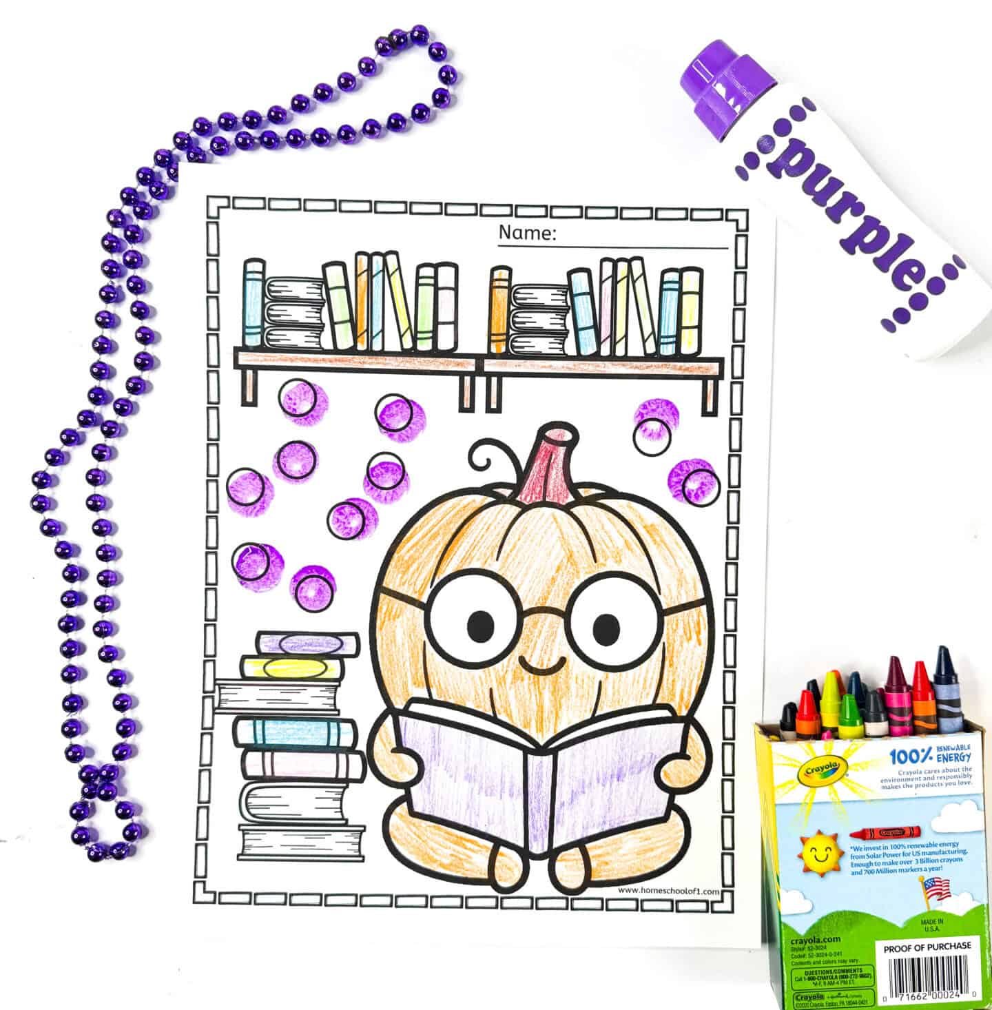 Coloring page of a pumpkin with glasses reading a book, surrounded by a bookshelf and purple dot marker circles.