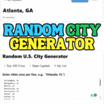 Random city generator with custom list option showing Alabama cities like Birmingham, Montgomery, and Huntsville. Plus top 100 cities and States of America.