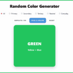 Random Color Generator tool showing the color green with formula Yellow + Blue. Interactive buttons let users pick primary, secondary, tertiary, neutral, or everyday colors.