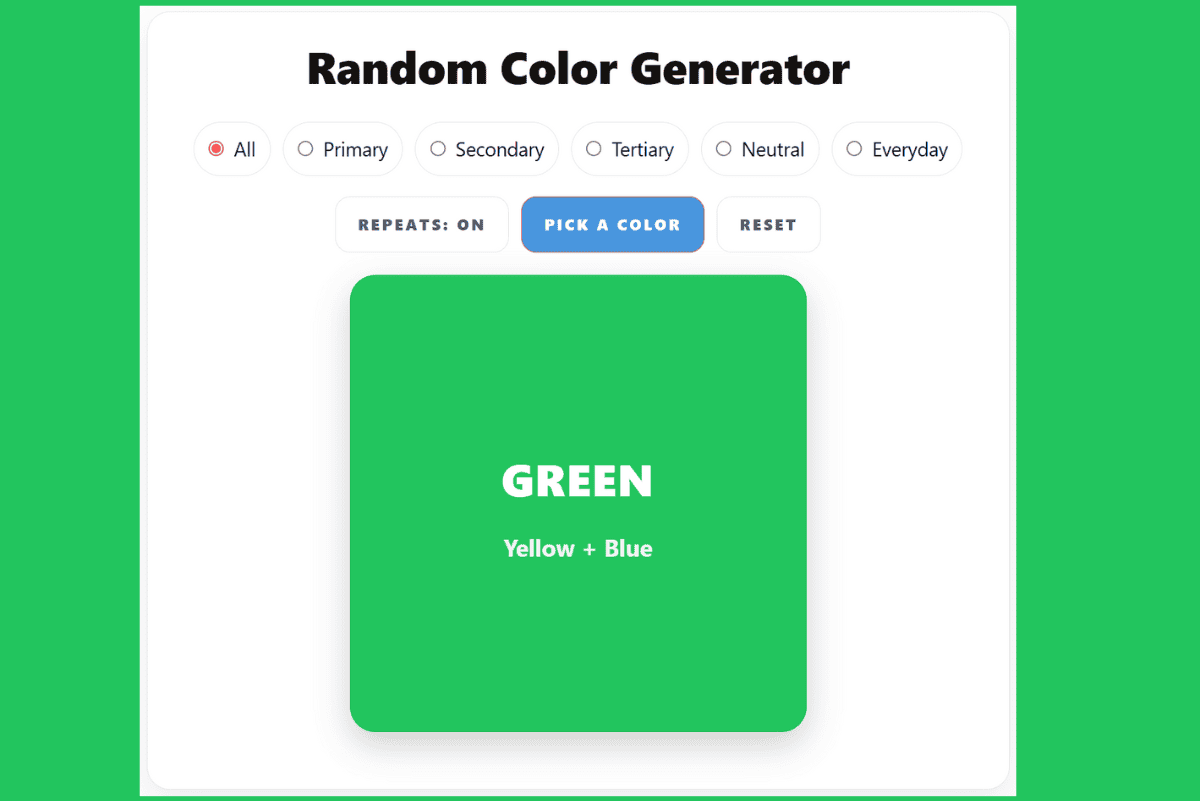 Random Color Generator tool showing the color green with formula Yellow + Blue. Interactive buttons let users pick primary, secondary, tertiary, neutral, or everyday colors.