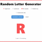 Screenshot of a random letter generator tool with options for uppercase, lowercase, vowels only, and consonants only. The letter "R" is displayed in bold red.